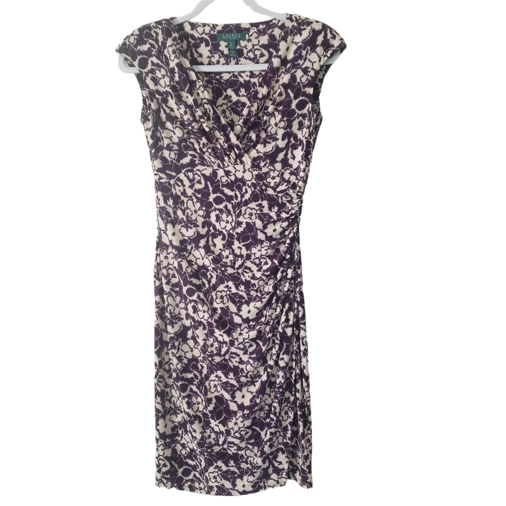 Lauren Ralph Lauren Eggplant Floral Cap Sleeve V-Neck Dress in size 2